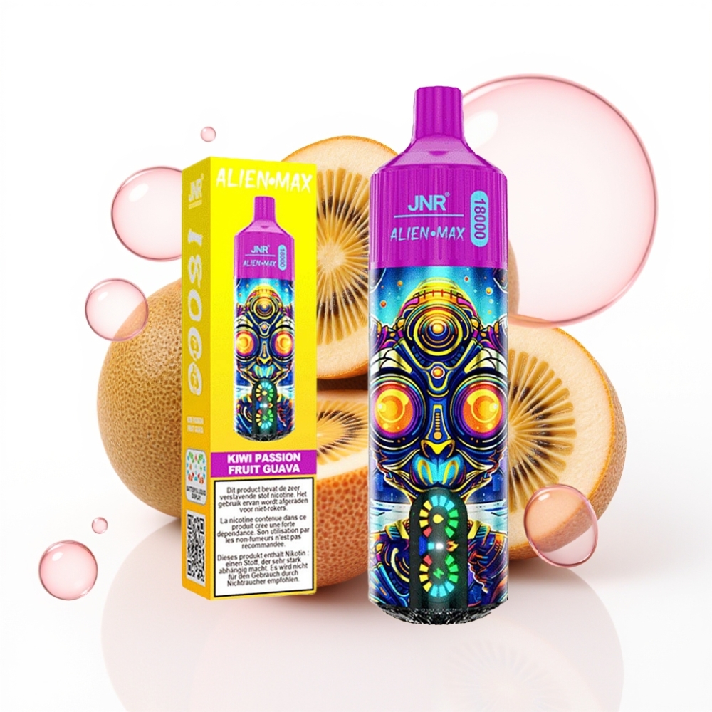 JNR Alien Max 18000 Puffs Vaporizador Descartável Kiwi Maracujá Goiaba com LED Inteligente, Dual Mesh Coil, 28ml