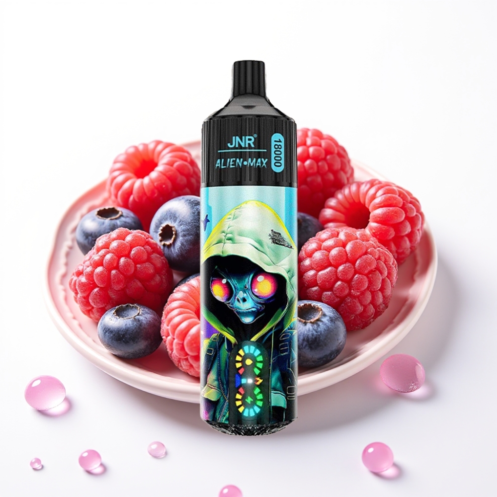 JNR Alien Max 18000 Puffs Vaporizador Descartável Mirtilo Framboesa com Display LED Inteligente, Bobina Dupla e Carga Rápida Type-C