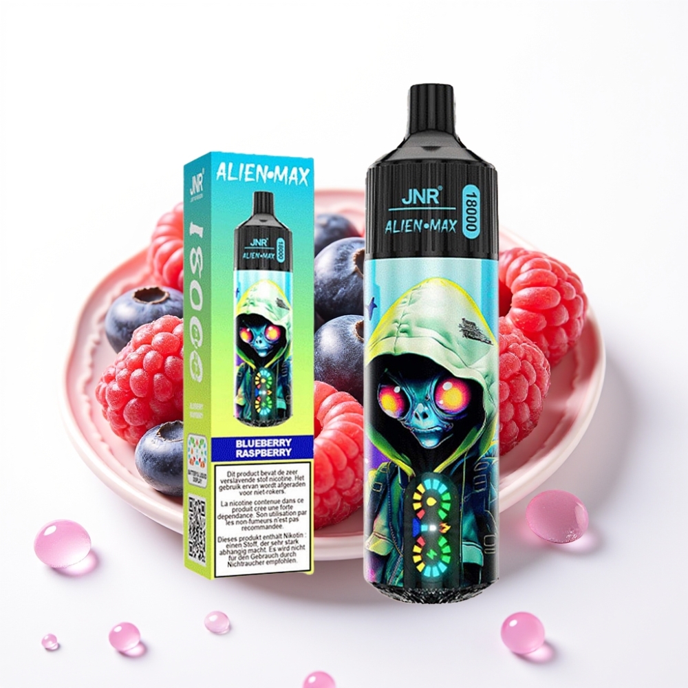 JNR Alien Max 18000 Puffs Vaporizador Descartável Mirtilo Framboesa com Display LED Inteligente, Bobina Dupla e Carga Rápida Type-C