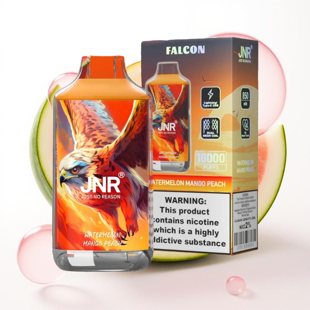 JNR Falcon 16000 Puffs Dispositivo Descartável Melancia Manga Pêssego, 22ml, Dual Mesh, USB-C/Lightning, LED, 0%/2% Nicotina