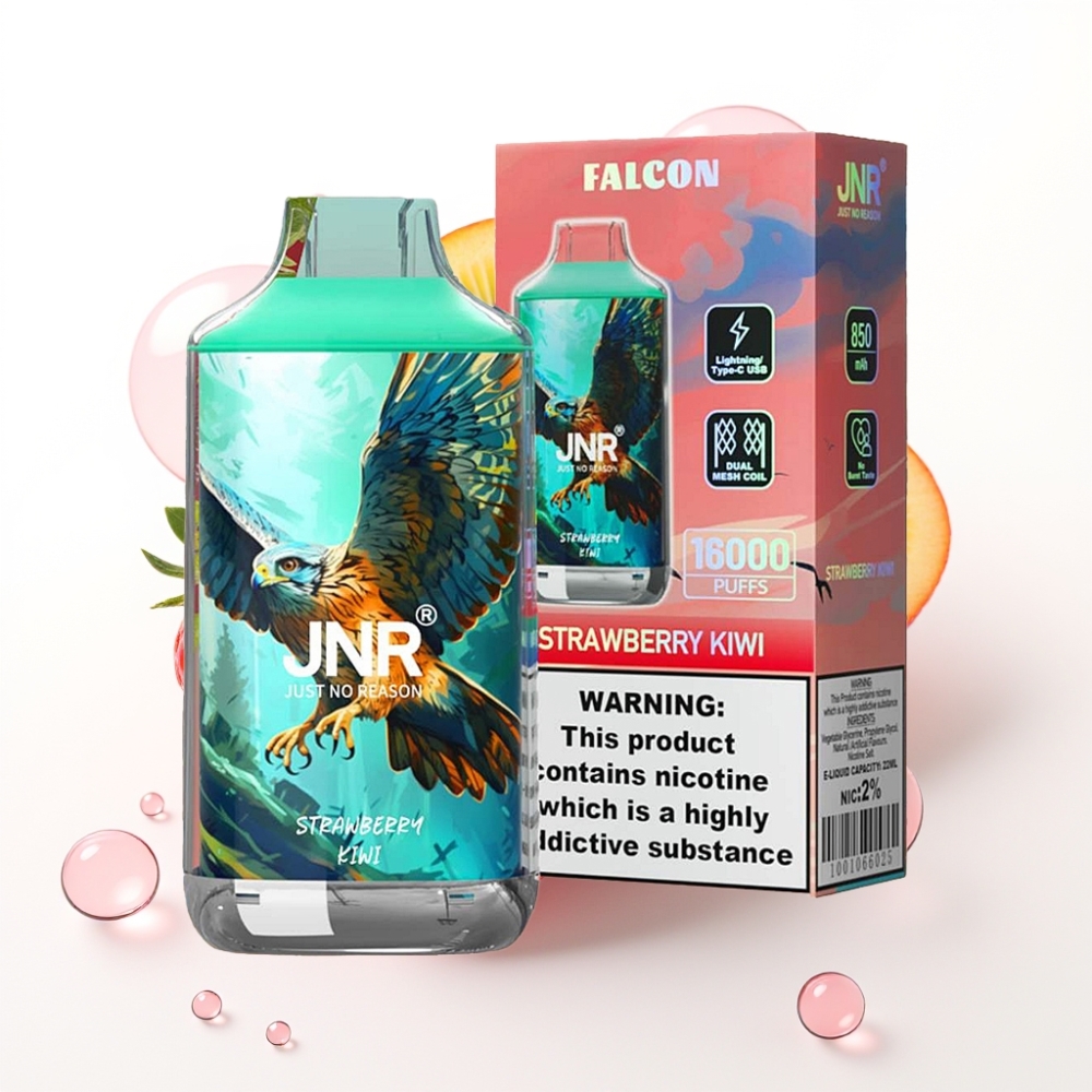 JNR Falcon 16000 Puffs Recarregável Morango Kiwi, 850mAh, 22ml, Dual Mesh, Tipo C/Lightning, LED, 0%/2% Nic