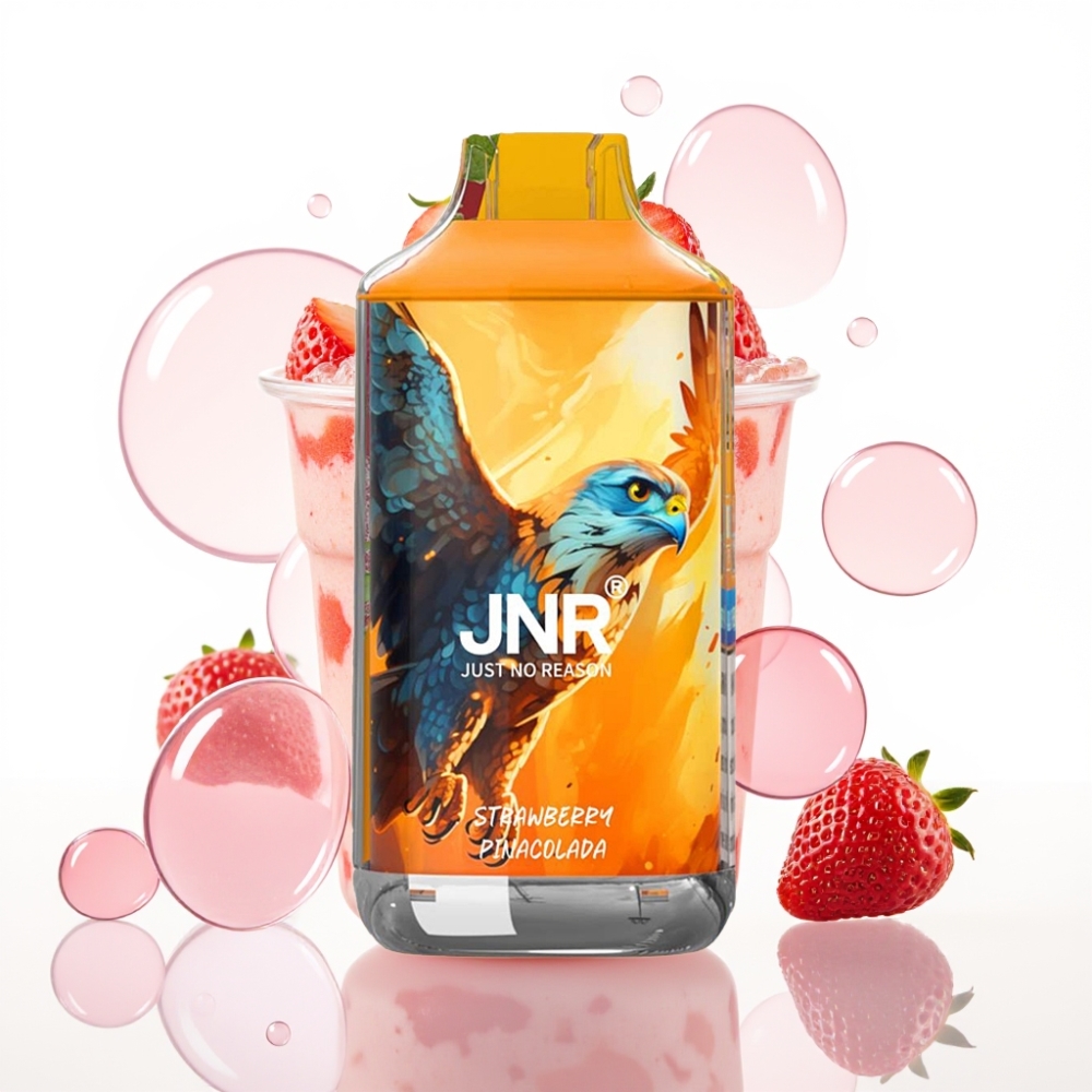 JNR Falcon 16000 Puffs Recarregável com Sabor Morango Pina Colada, 22ml, Dual Mesh, LED.