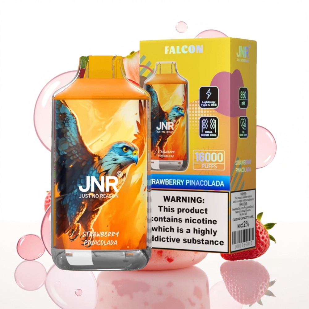 JNR Falcon 16000 Puffs Recarregável com Sabor Morango Pina Colada, 22ml, Dual Mesh, LED.