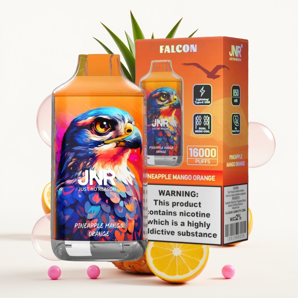 JNR Falcon 16000 Puffs Vape Abacaxi Manga Laranja 850mAh 22ml Dual Mesh Type C LED 0% 2%