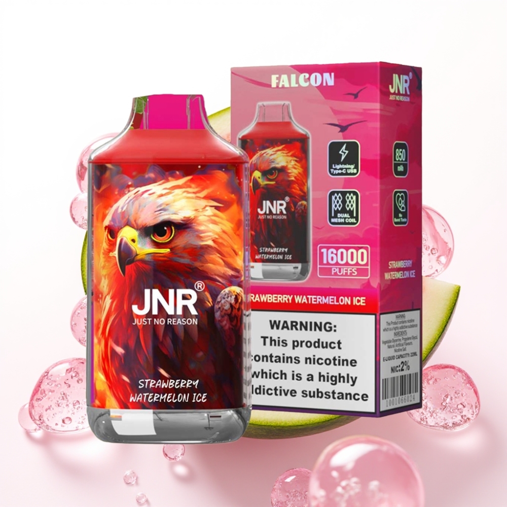 JNR Falcon 16000 Puffs Vape Descansável Morango Melancia Gelo - 850mAh, 22ml, Dual Mesh, Tipo C, LED, 0%/2% Nic
