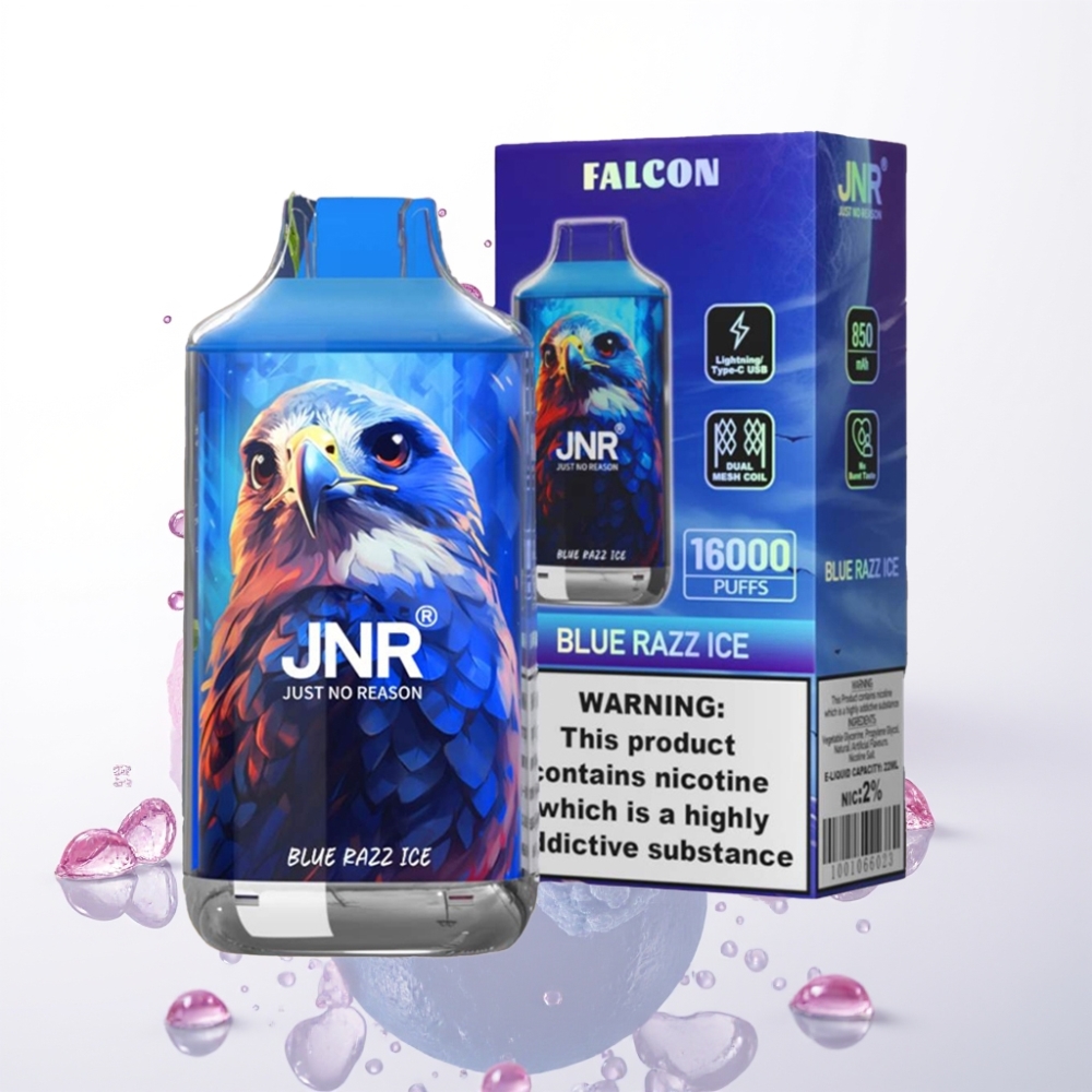 JNR Falcon 16000 Puffs Vape Disposable Mirtilo Framboesa Gelo, 850mAh, 22ml, Dual Mesh, Tipo C, LED, 0%/2%