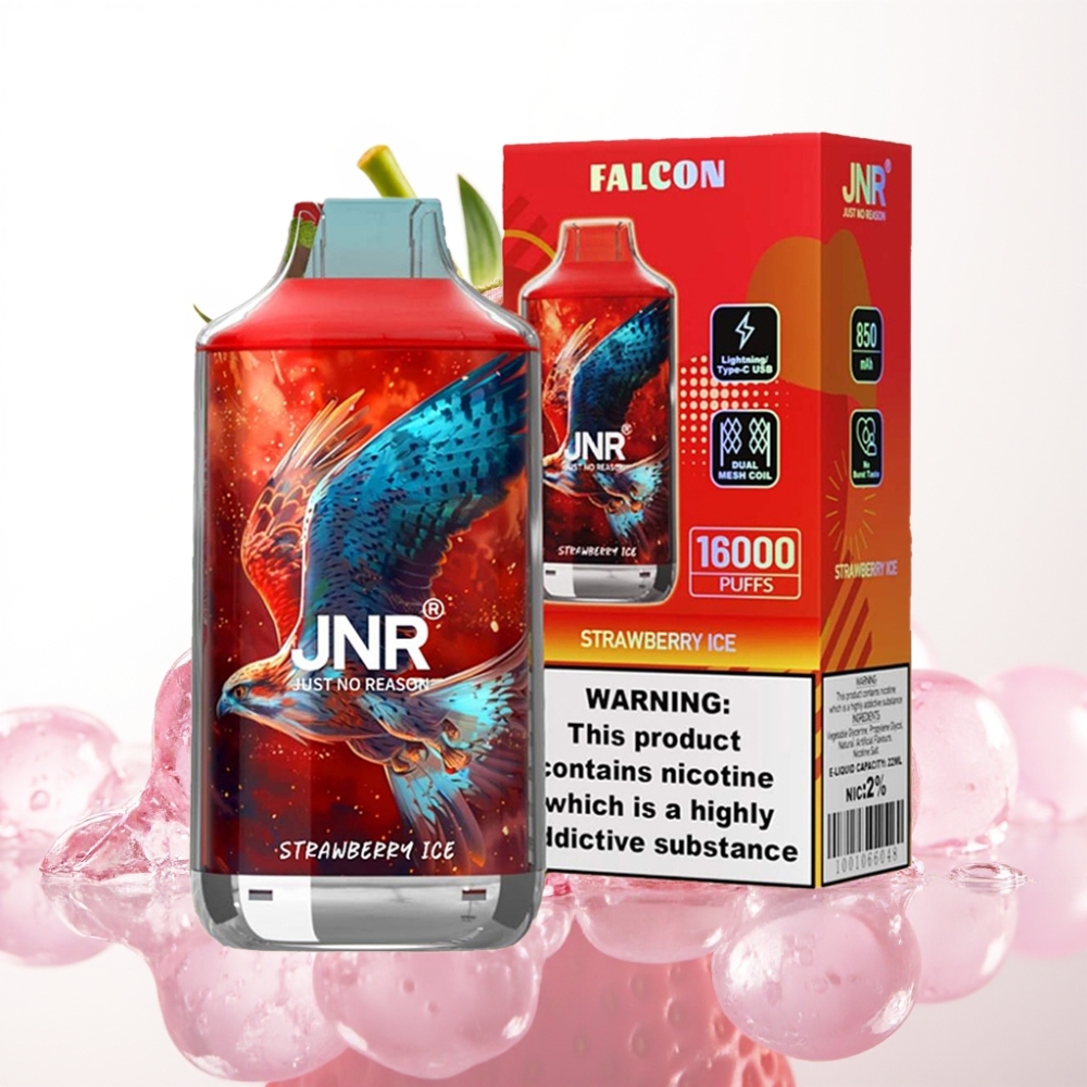 JNR Falcon 16000 Puffs Vape Morango Gelo, 850mAh, 22ml, Dual Mesh, Tipo C/Lightning, LED, 0%/2% Nic