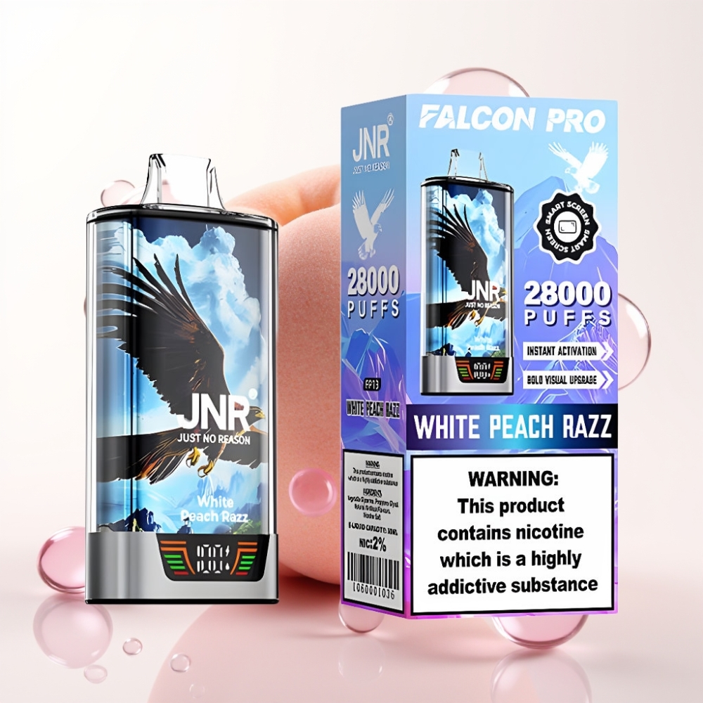 JNR Falcon Pro 28000 Puffs 30ml 5% Nicotina Sabor Pêssego Branco Razz USB-C Dual Mesh