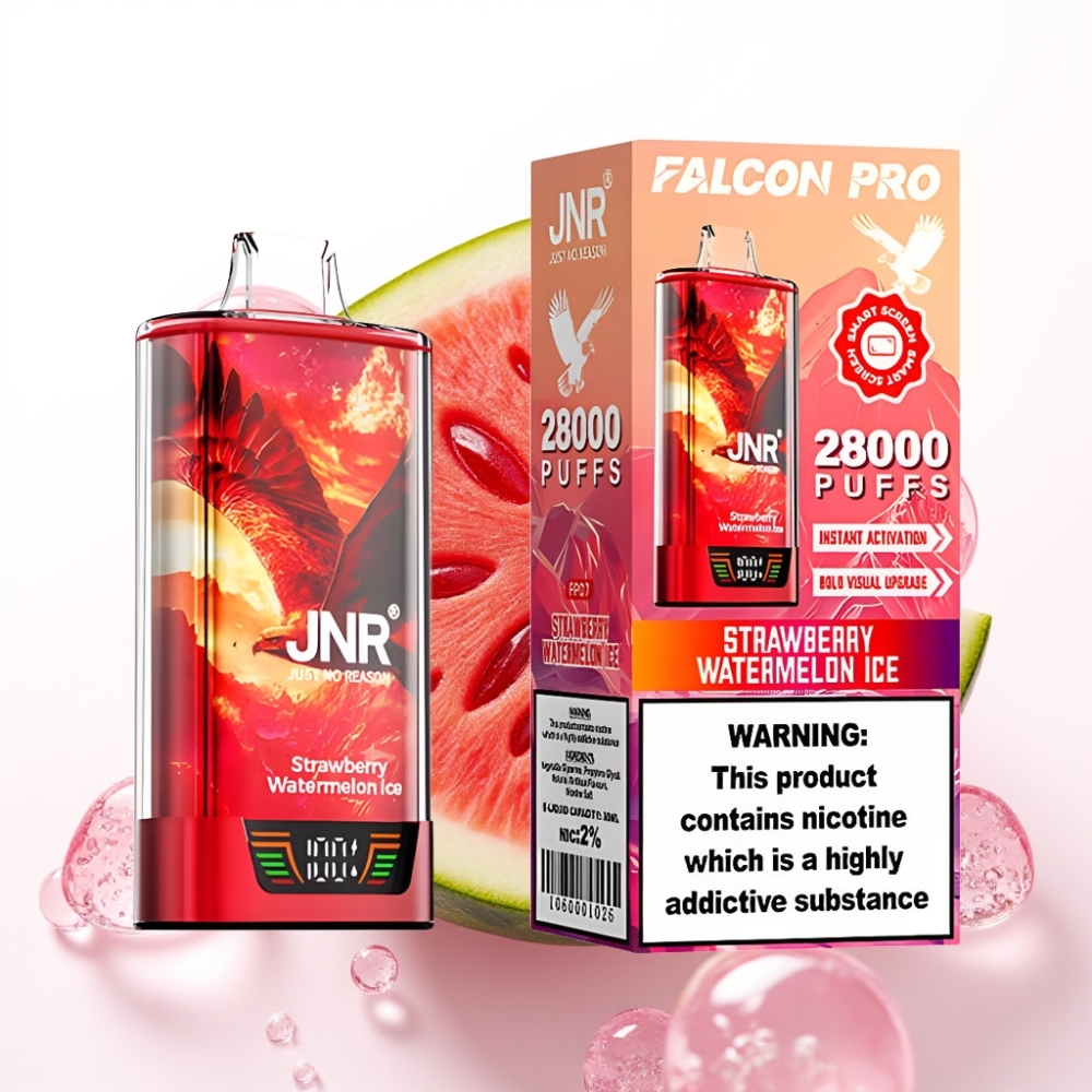 JNR Falcon Pro 28000 Recarregável com Tela Inteligente, Bobina Dupla Mesh, Sabor Morango Melancia Gelo, 30ml, 5% Nicotina