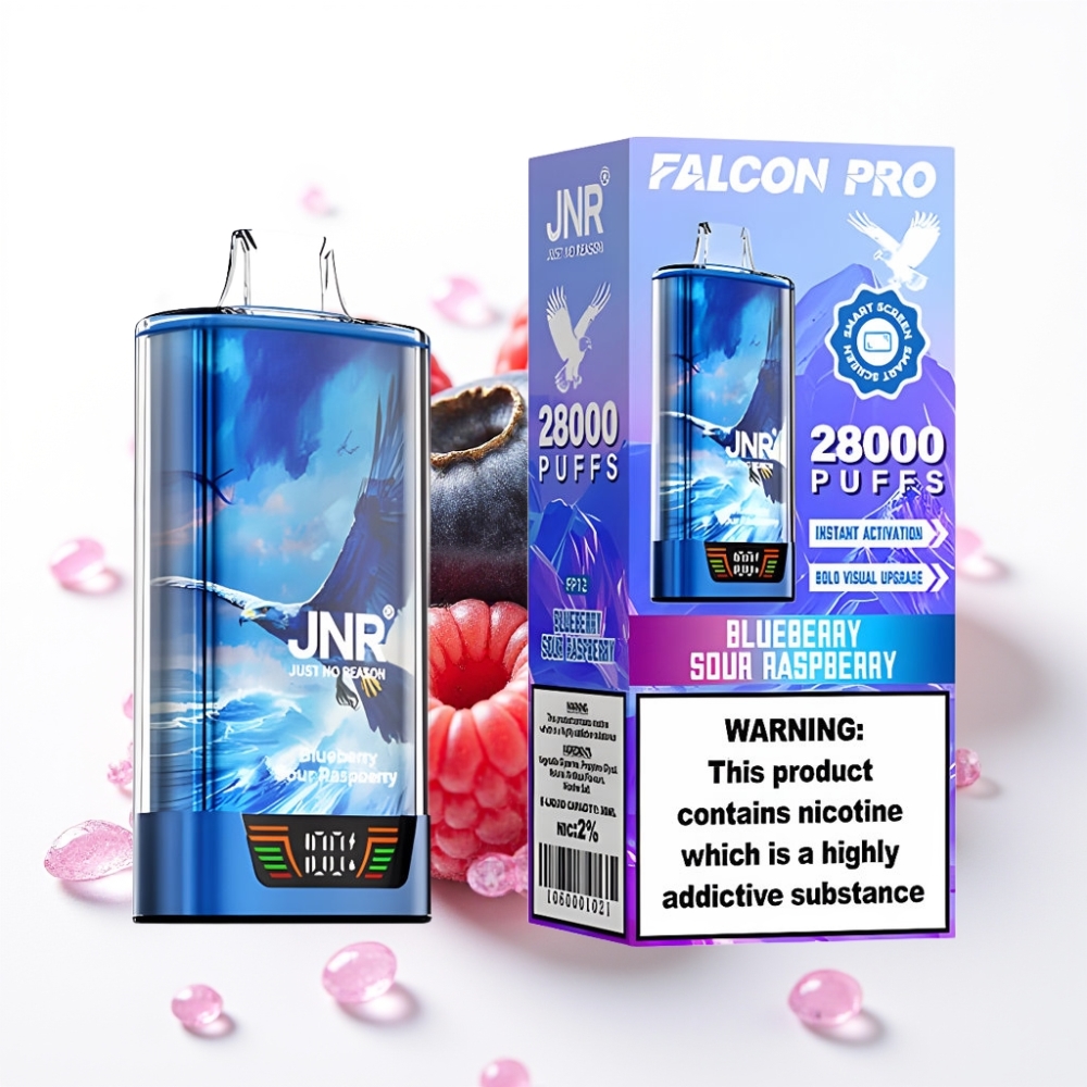 JNR Falcon Pro 28000 Vape Descartável Mirtilo Framboesa Azeda com Bateria 950mAh, 30ml, 5% Nicotina, Dual Mesh, USB-C