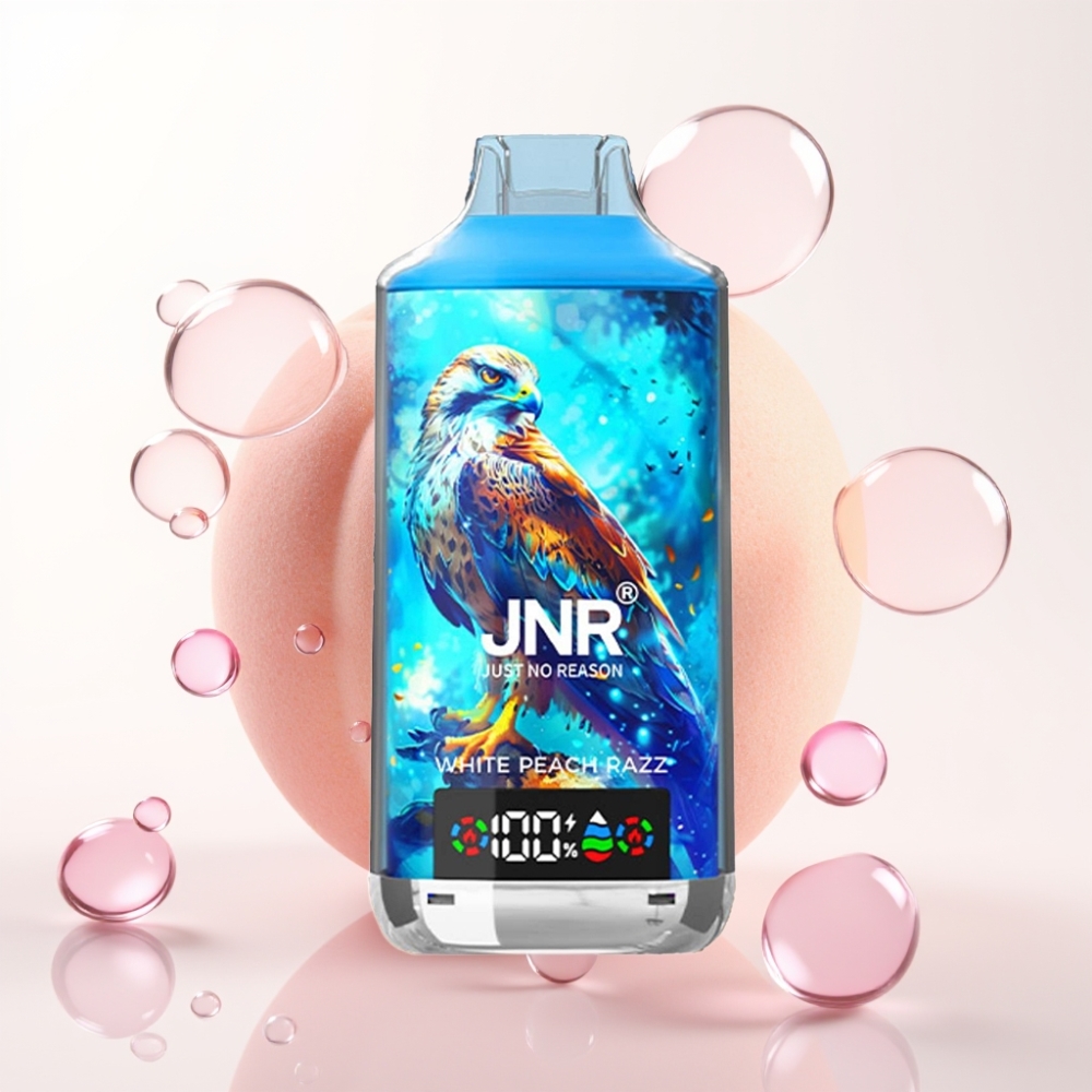 JNR Falcon X 18000 Puffs Dispositivo de Vape Pêssego Branco e Framboesa, 750mAh, 24ml, Dual Mesh Coil, Display Digital, Type-C