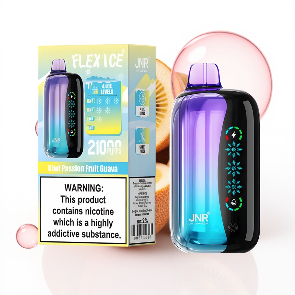 JNR Flex Ice 21000 Puffs Disposable Vape Kiwi Maracujá Goiaba com Tela Touch, Fluxo de Ar Customizável e Gelo Ajustável