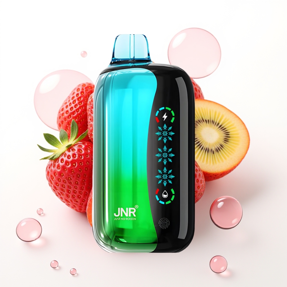 JNR Flex Ice 21000 Puffs Disposable Vape Morango Kiwi, Gelo Ajustável, 26ml, Tela Touch, Tipo-C