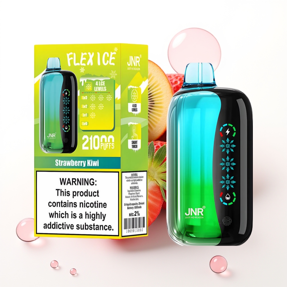 JNR Flex Ice 21000 Puffs Disposable Vape Morango Kiwi, Gelo Ajustável, 26ml, Tela Touch, Tipo-C