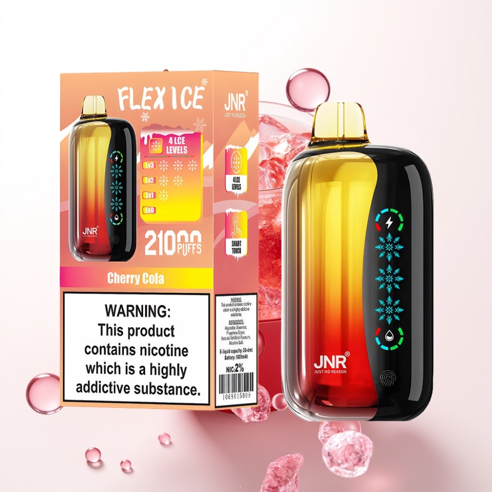 JNR Flex Ice 21000 Puffs Vape Descartável Cherry Cola com Toque de Gelo, Tela Touch, 26ml, Bateria 1000mAh, Tipo-C