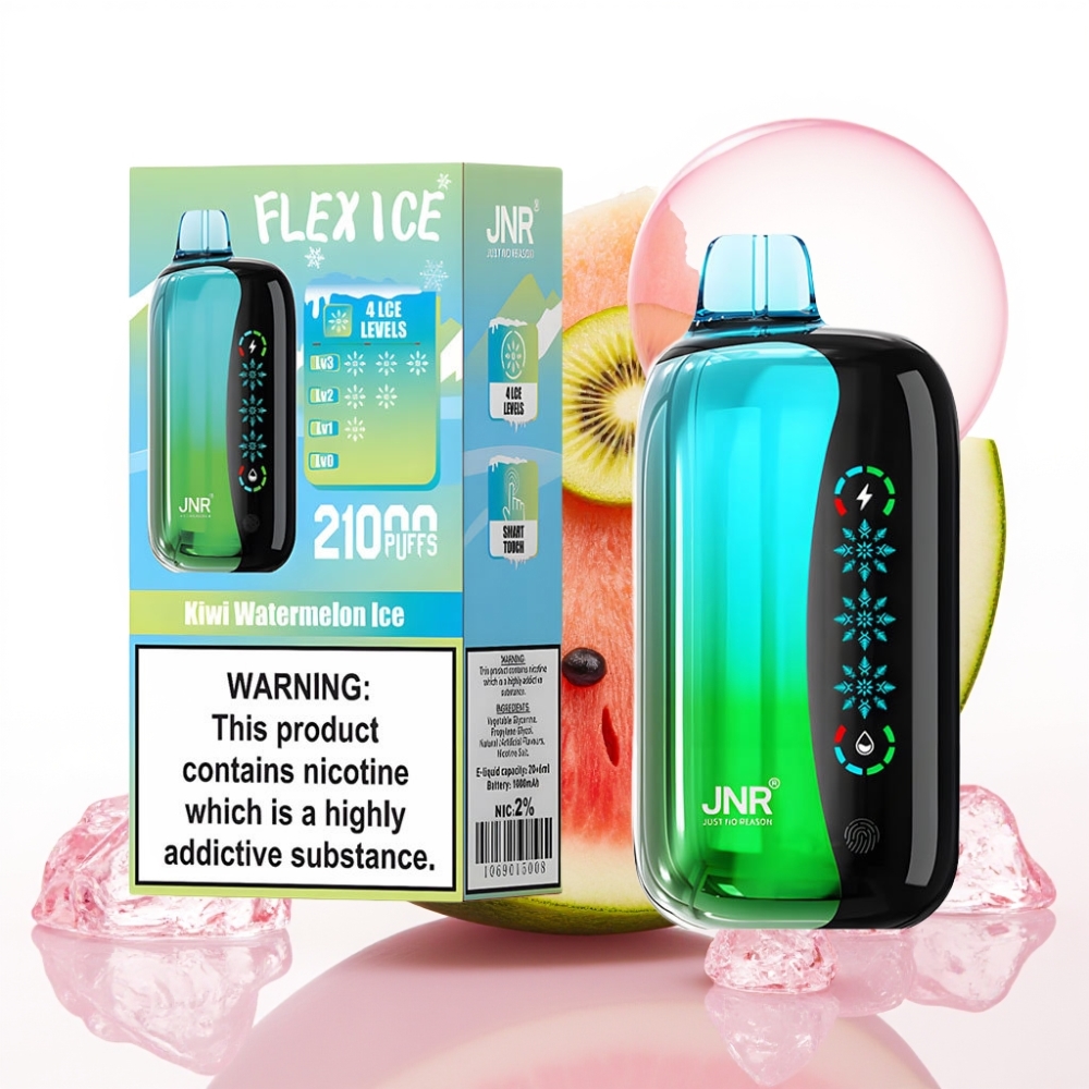 JNR Flex Ice 21000 Puffs Vape Descartável Kiwi Melancia Ice com Tela Touch, Fluxo de Ar Ajustável e Bateria 1000mAh