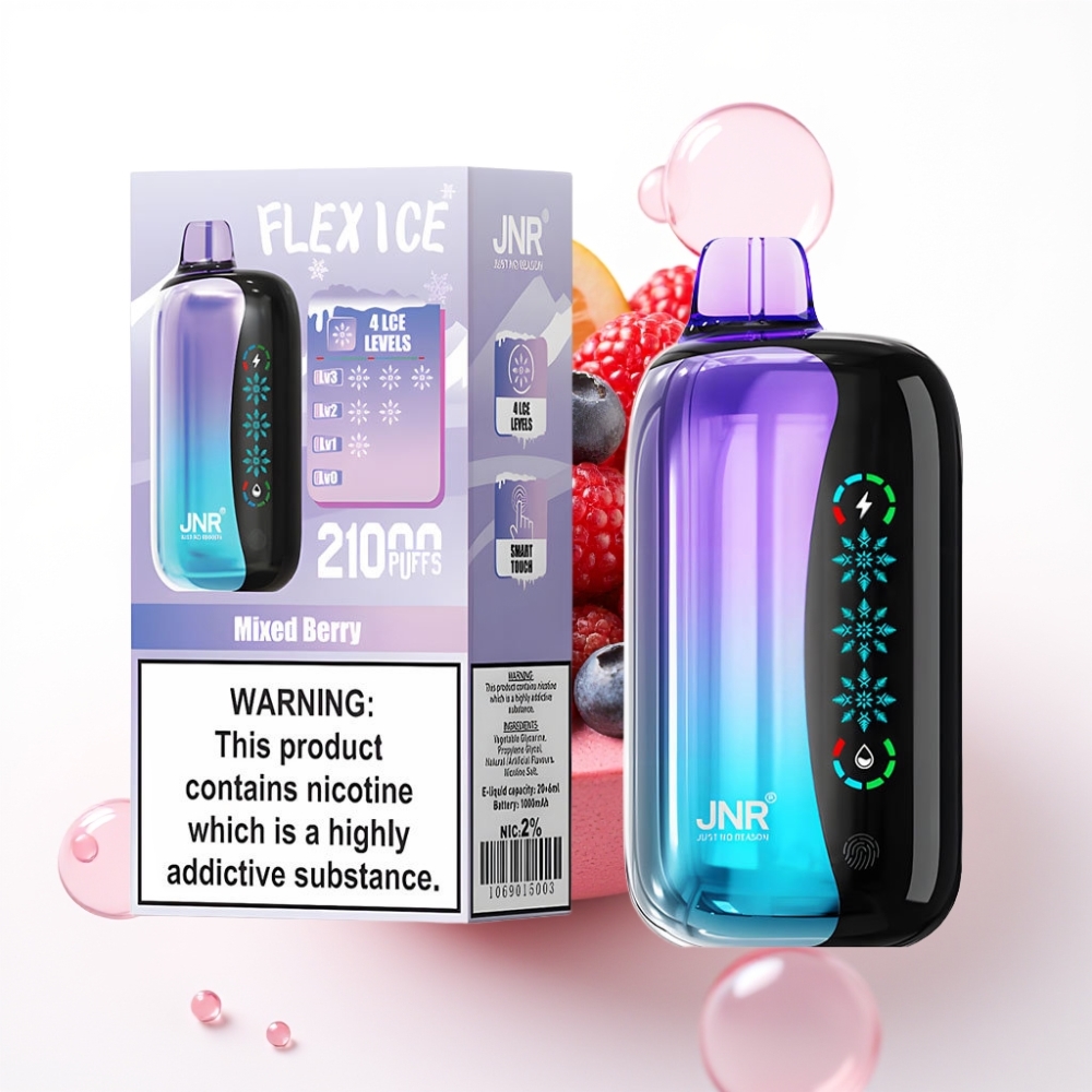 JNR Flex Ice 21000 Puffs Vape Descartável com Ajuste de Gelo, Tela Touch, 26ml e Sabor Frutas Vermelhas