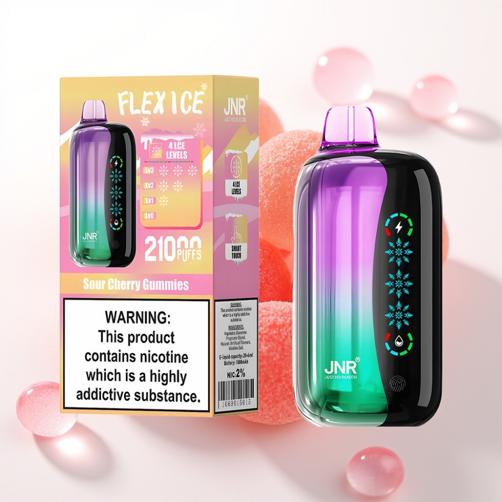 JNR Flex Ice 21000 Puffs Vape Recarregável Gelatinas de Cereja Ácida com Toque de Gelo, Tela Touch, 26ml, 1000mAh, Tipo-C