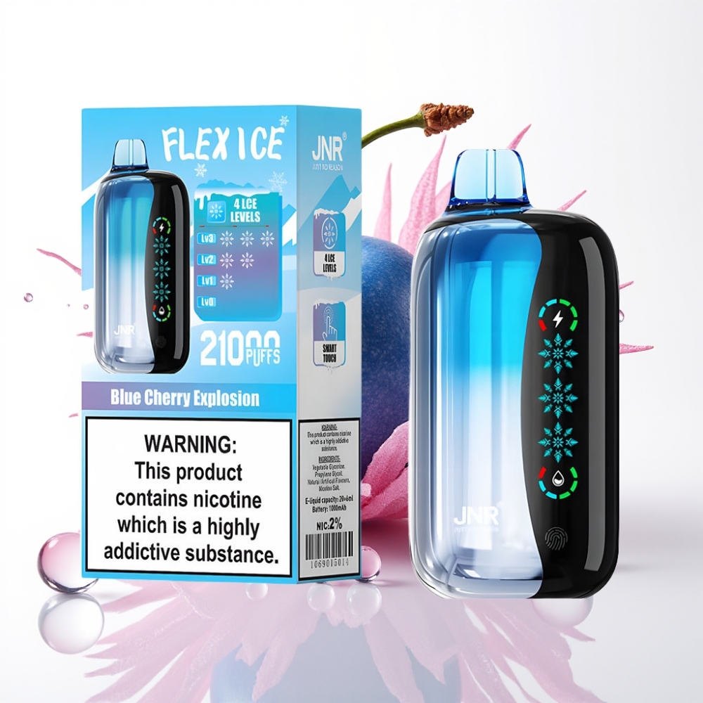 JNR Flex Ice 21000 Puffs Vaporizador Descartável Explosão de Cereja Azul com Toque de Gelo, Tela Touch, 26ml, Bateria 1000mAh, Tipo-C