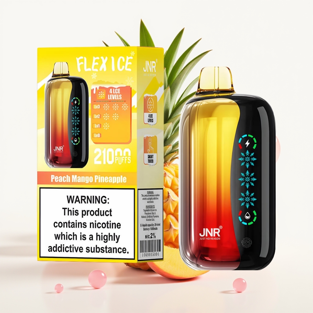 JNR Flex Ice 21000 Puffs Vaporizador Descartável Pêssego Manga Abacaxi com Toque de Gelo, Tela Touch, 26ml, 1000mAh, Tipo-C