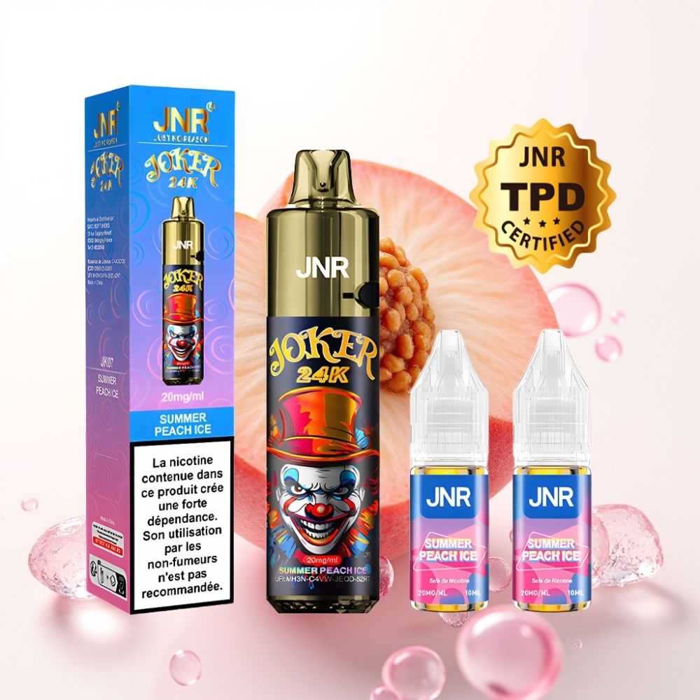 JNR Joker 24K Puffs Recarregável com Design Lateral, Bateria 800mAh, Sabor Pêssego Gelado no Verão