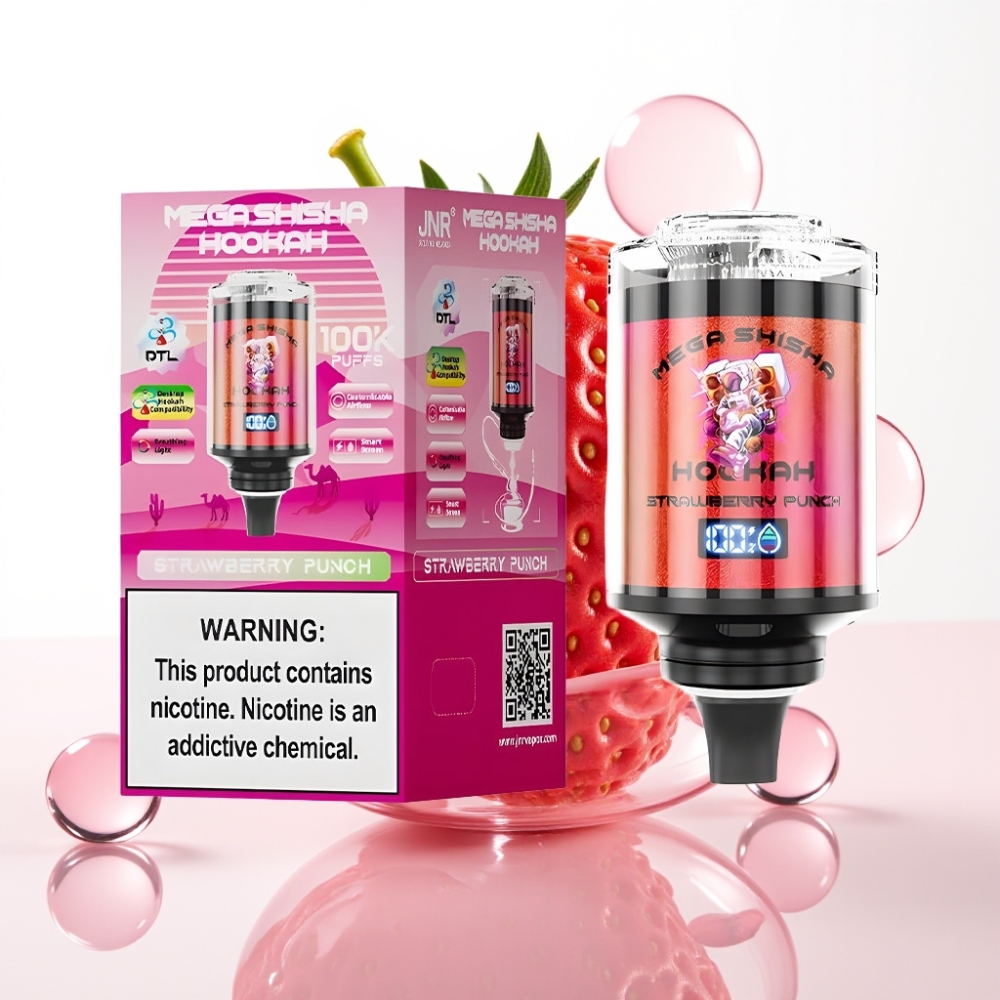 JNR Mega Shisha Hookah 100K Compatível com Desktop 60ml Tela Inteligiva Sabor Morango Punch