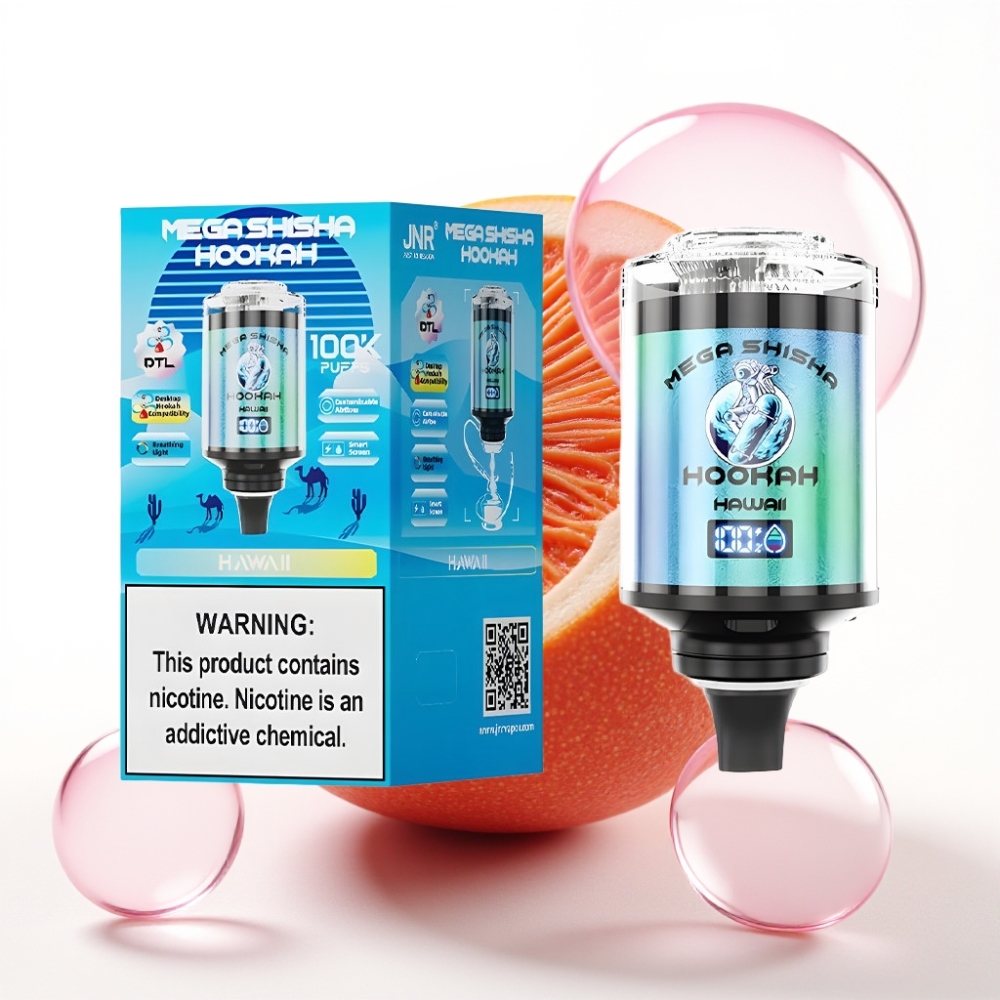 JNR Mega Shisha Hookah 100K Compatível com Desktop Sabor Havaí 60ml 2200mAh Tela Inteligiva