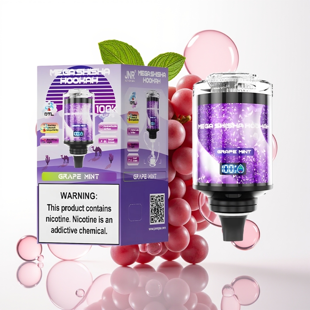 JNR Mega Shisha Hookah 100K Uva Hortelã Compatível com Desktop Recarregável Tela Inteligera