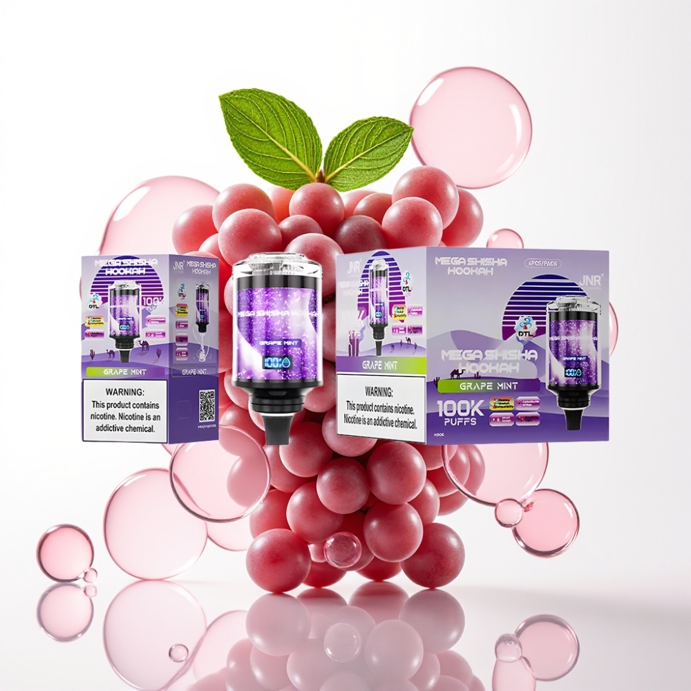 JNR Mega Shisha Hookah 100K Uva Hortelã Compatível com Desktop Recarregável Tela Inteligera
