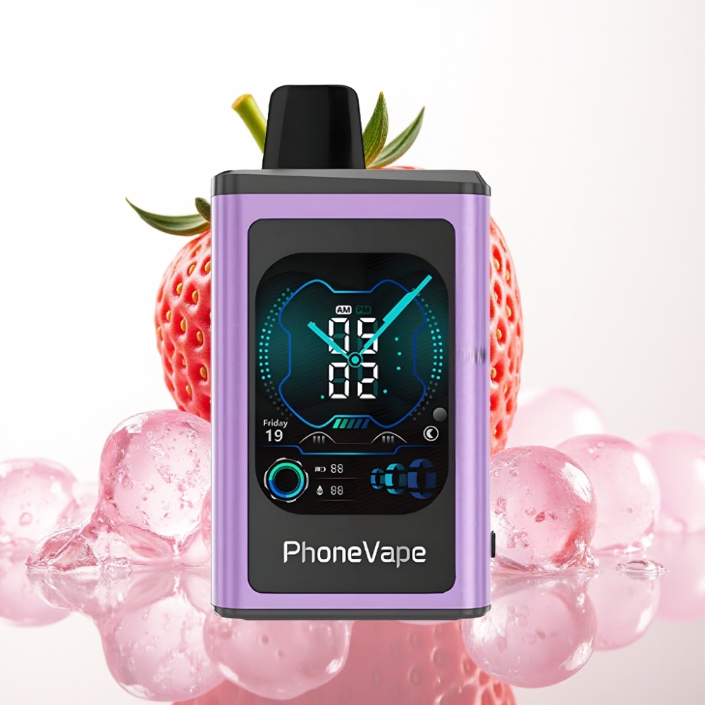 JNR PhoneVape 30000 puffs Disposable Vape Gelado de Morango Bateria 850mAh Recarregável, Turbo Mode, Tela Completa