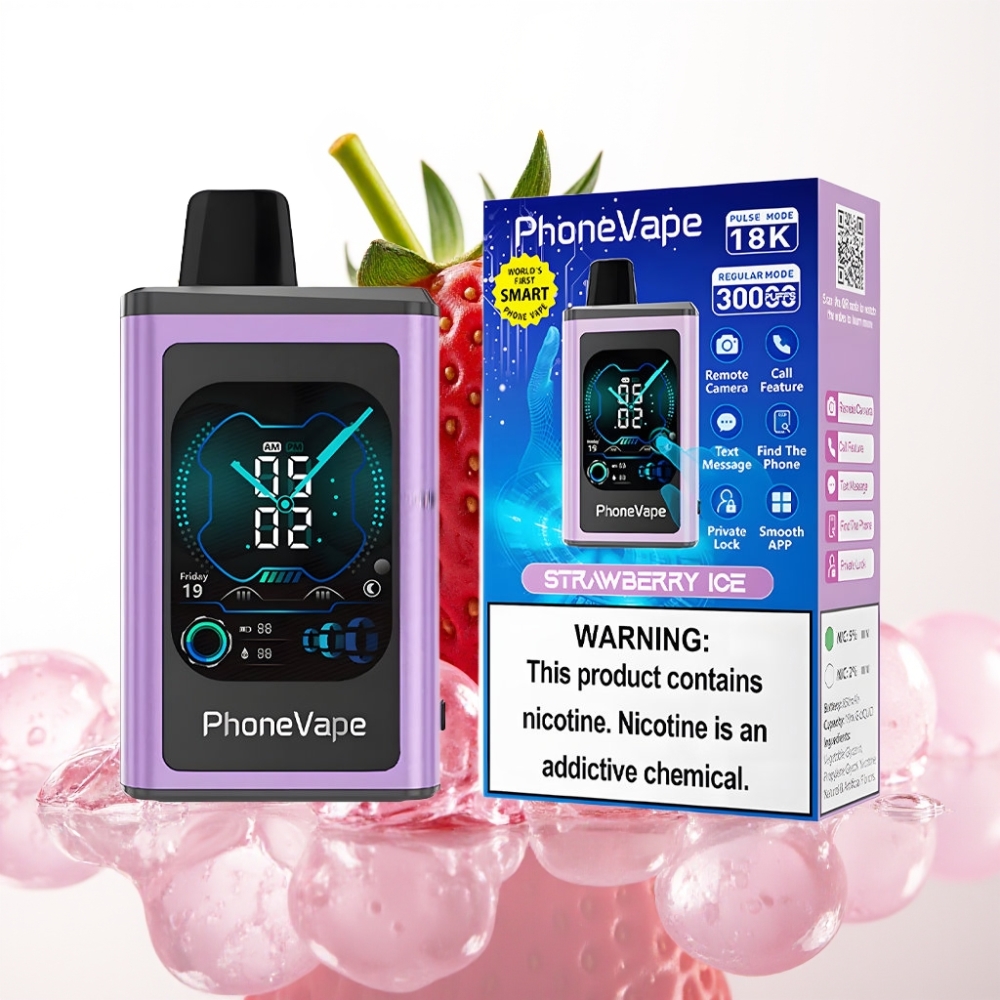 JNR PhoneVape 30000 puffs Disposable Vape Gelado de Morango Bateria 850mAh Recarregável, Turbo Mode, Tela Completa