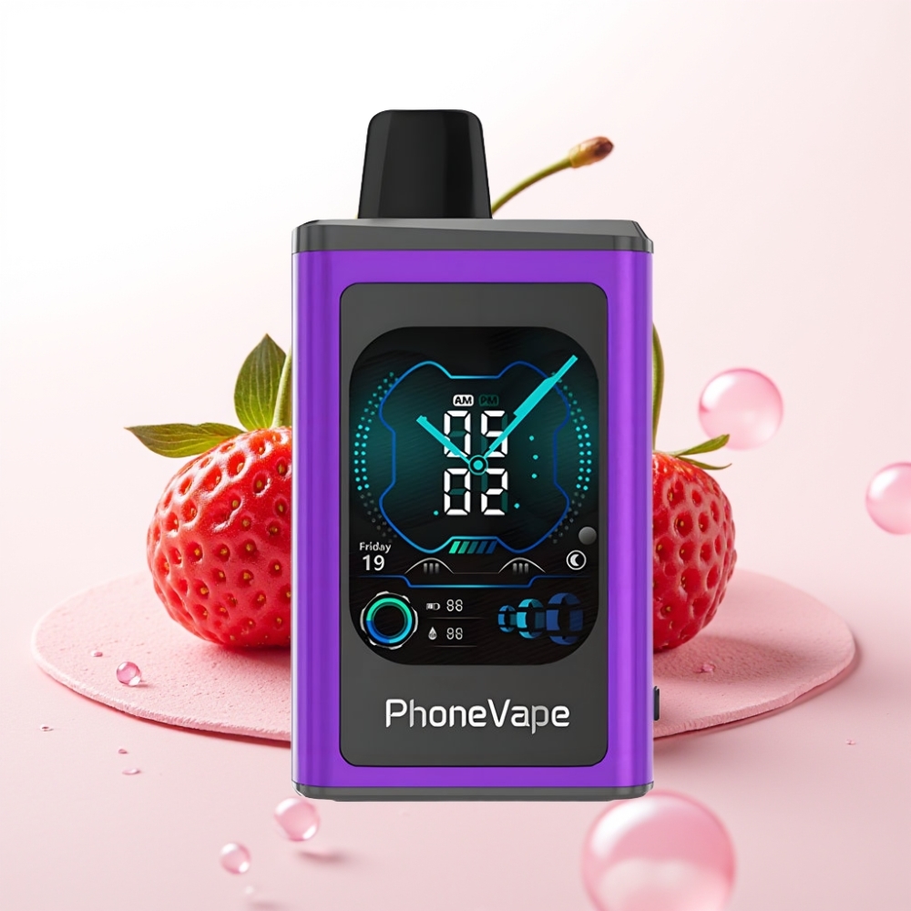 JNR PhoneVape 30000 puffs Recarregável com Bateria 850mAh Tipo-C, Sabor Cereja Morango Framboesa, Modo Turbo, Tela Completa