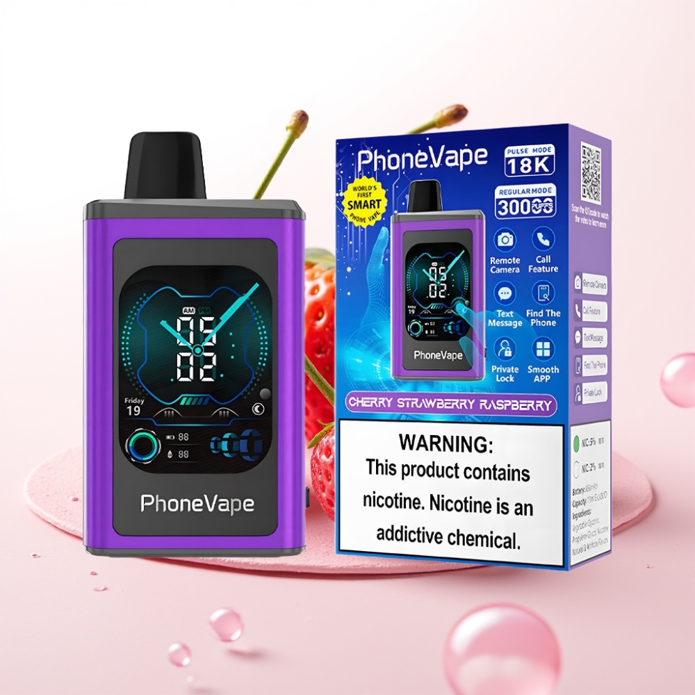 JNR PhoneVape 30000 puffs Recarregável com Bateria 850mAh Tipo-C, Sabor Cereja Morango Framboesa, Modo Turbo, Tela Completa