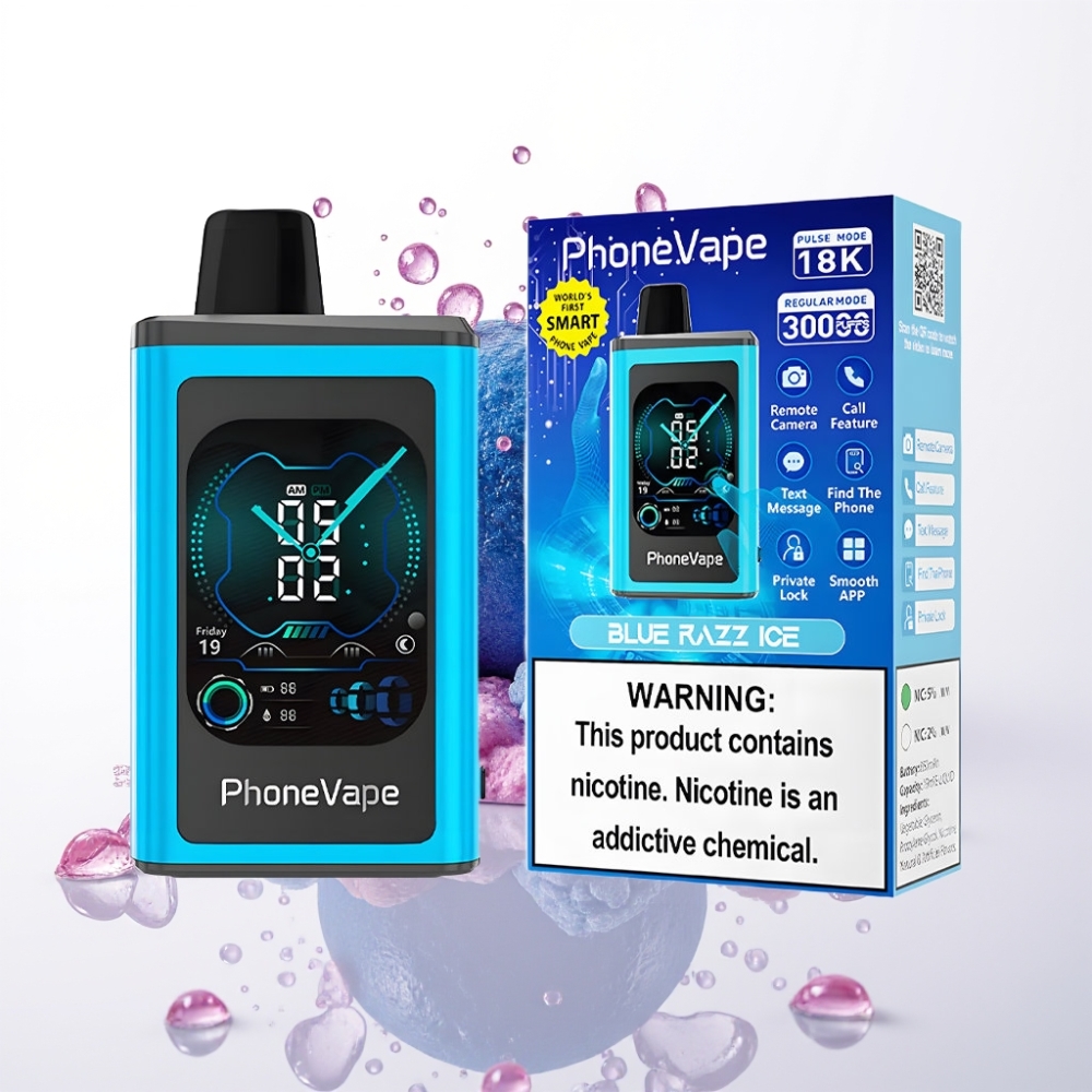 JNR PhoneVape 30000 puffs Vape Recarregável com Bateria 850mAh, Sabor Framboesa Azul Gelo, Turbo Mode, Tela Completa e App Controlado