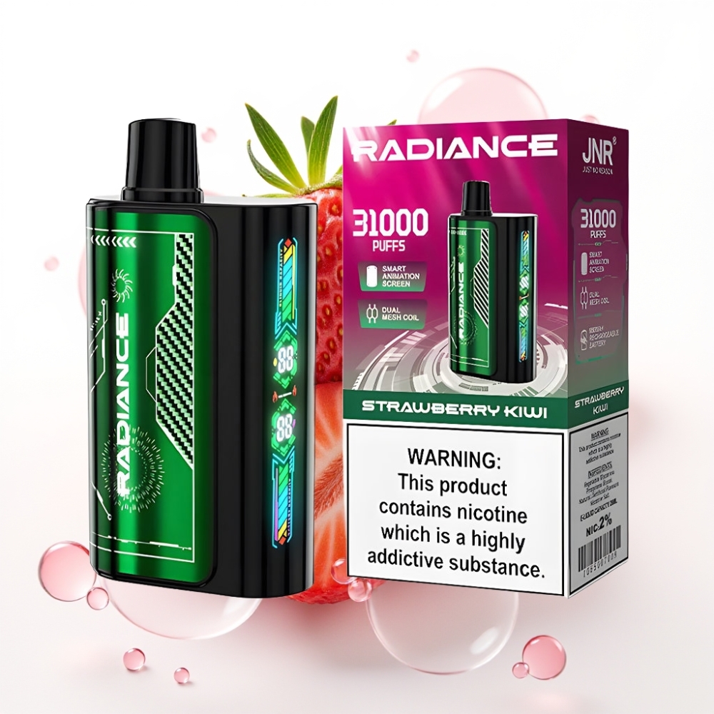 JNR Radiance 31000 Puffs Recarregável Tipo-C Tela Inteligente Sabor Morango Kiwi
