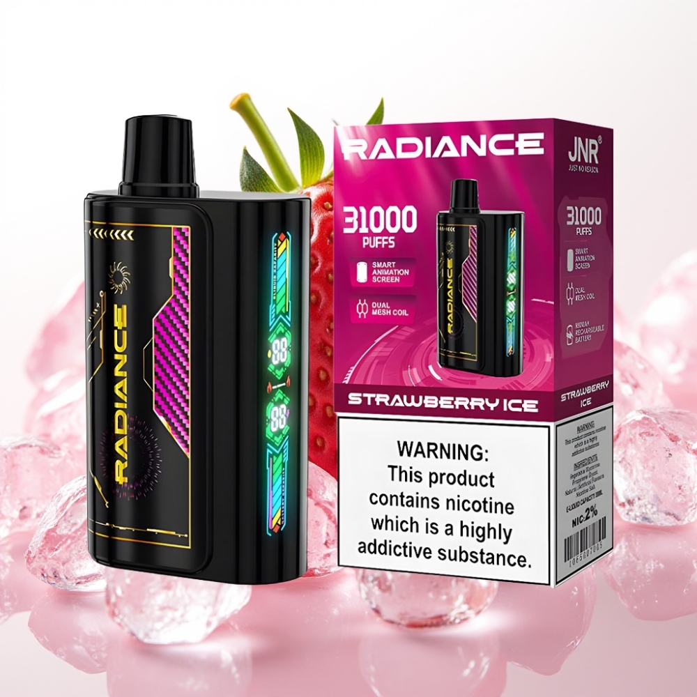 JNR Radiance 31000 Puffs Recarregável Vape Gelo de Morango com Tela Animada e Bateria 950mAh