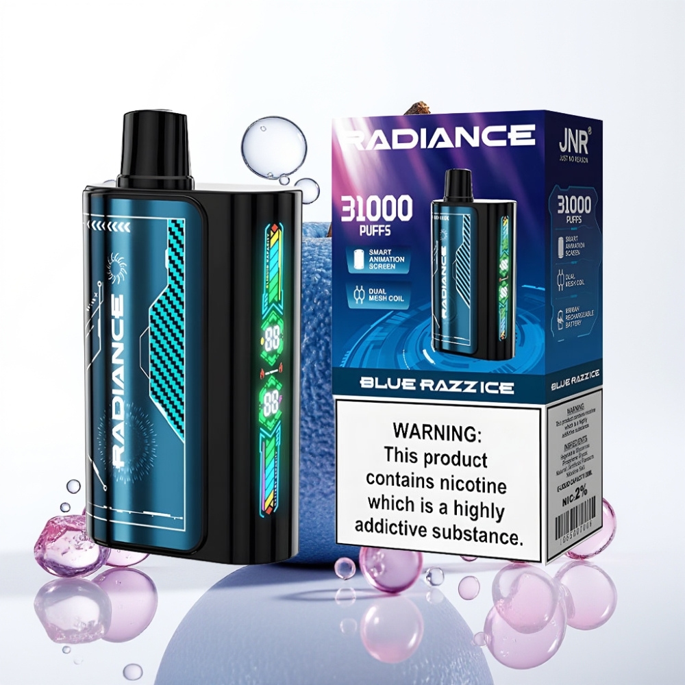 JNR Radiance 31000 Puffs Rechargeable Tipo-C 28ml Tela Inteligente Dual Mesh Sabor Framboesa Azul Gelo