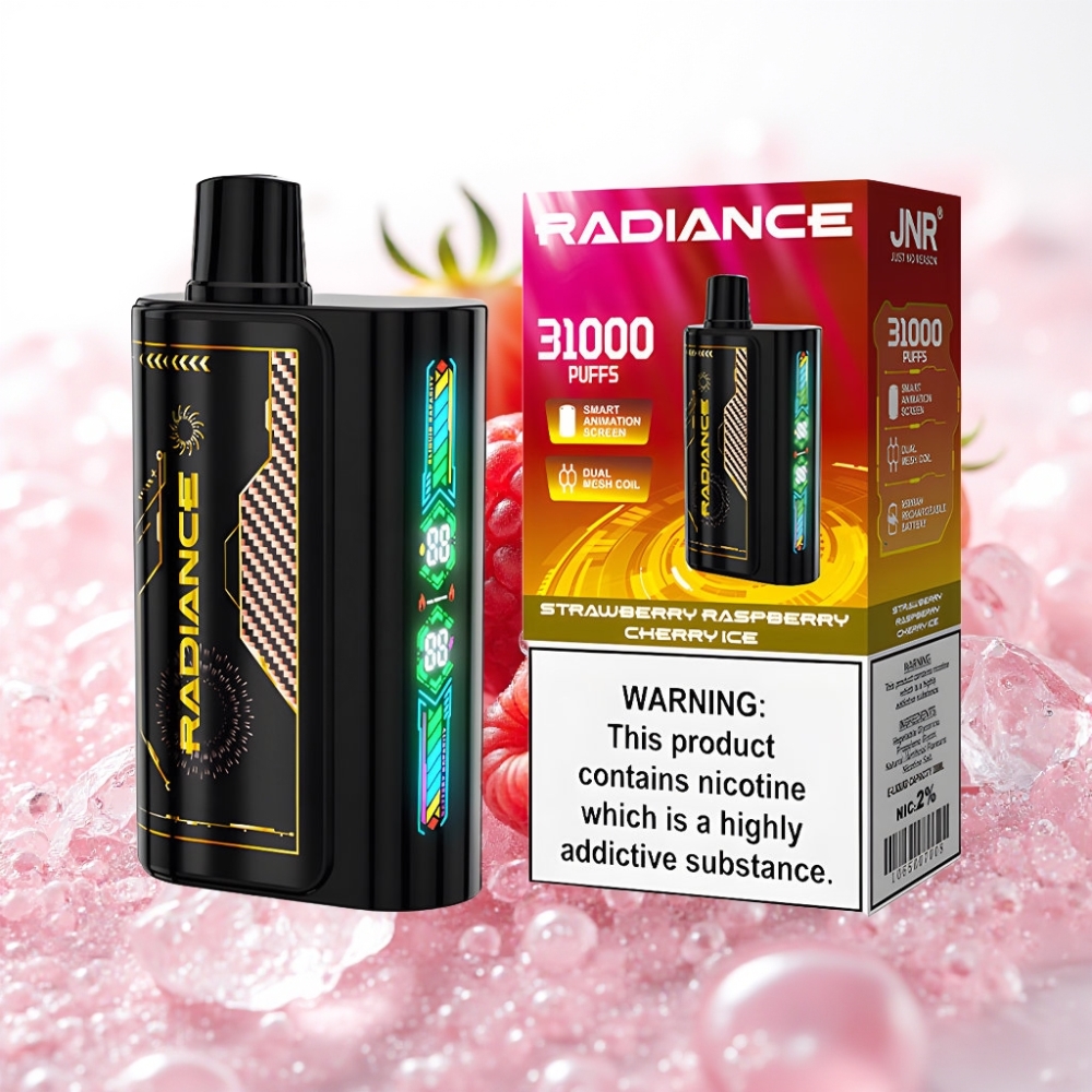 JNR Radiance 31000 Puffs Vape Recarregável com Tela Animada e Sabor Morango Framboesa Cereja Gelo