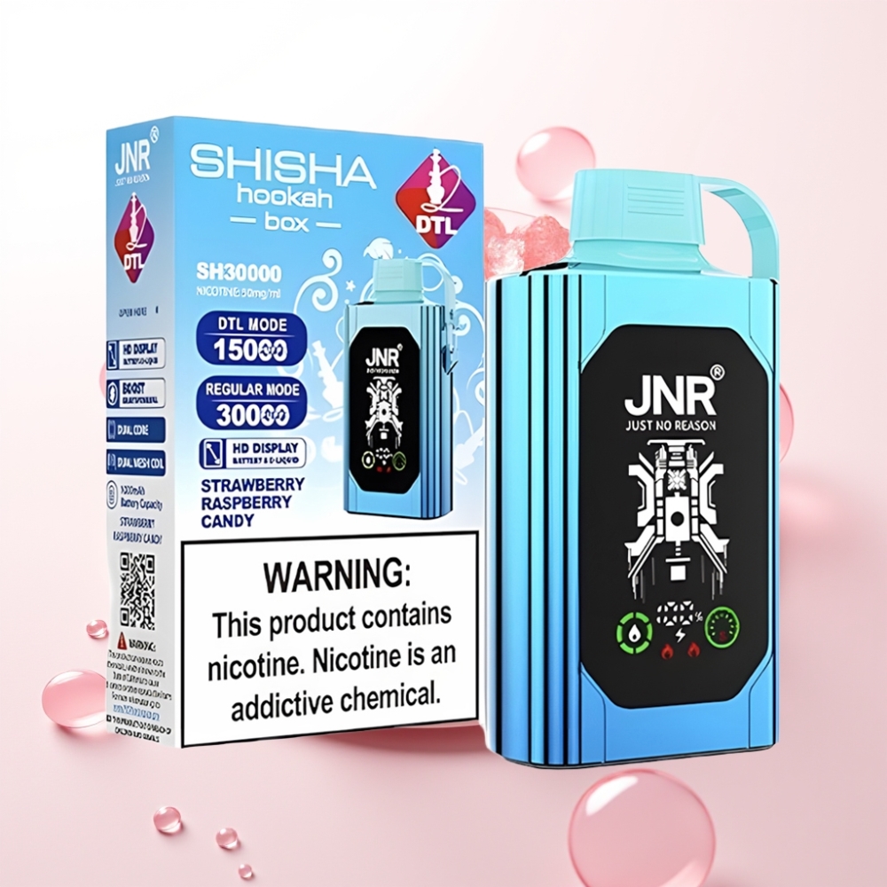 JNR Shisha Hookah Box 20500 Puffs - Tela HD, 1000mAh, 25ml, Dual Mesh Coil, Tipo-C, Morango Framboesa Doce
