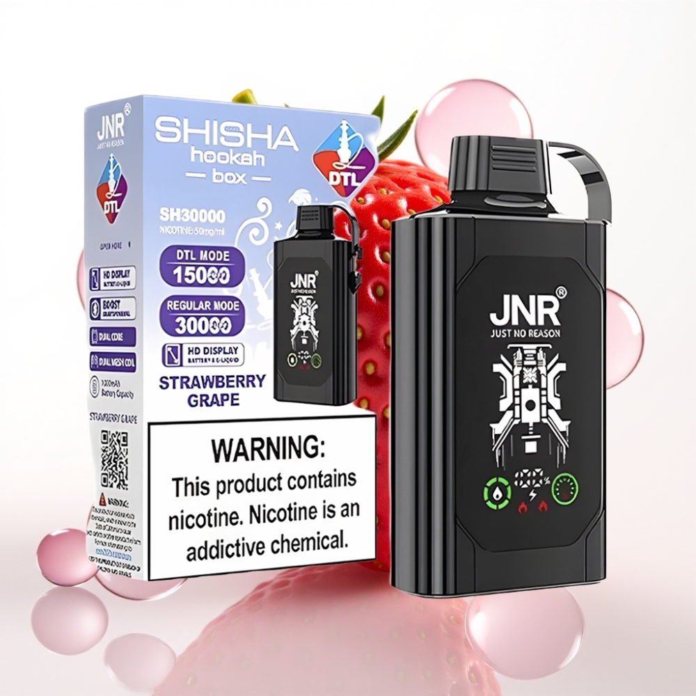 JNR Shisha Hookah Box 20500 Puffs Vape Morango Uva, Tela HD, 1000mAh, 25ml, Dual Mesh Coil, Carga Tipo-C, Nicotina 0%/2%/5%