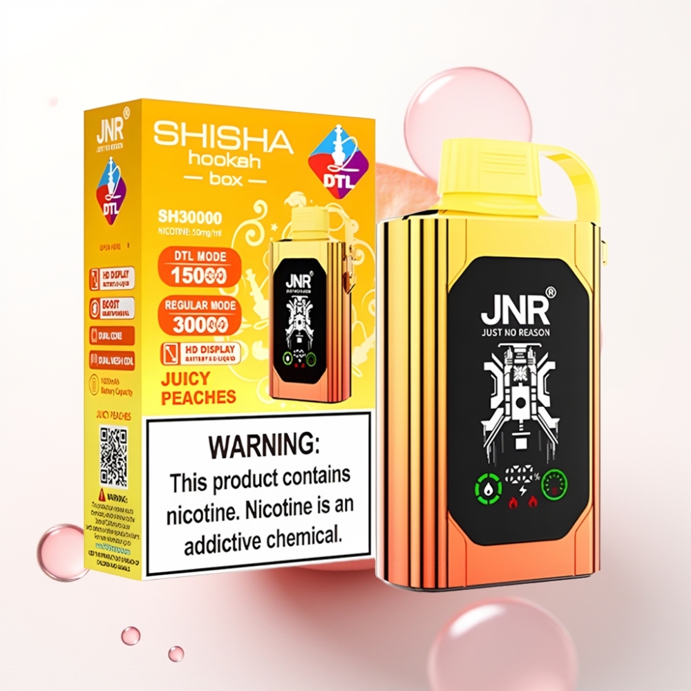 JNR Shisha Hookah Box 20500 Puffs com Tela HD, Bateria 1000mAh, 25ml, Sabor Pêssegos Suculentos