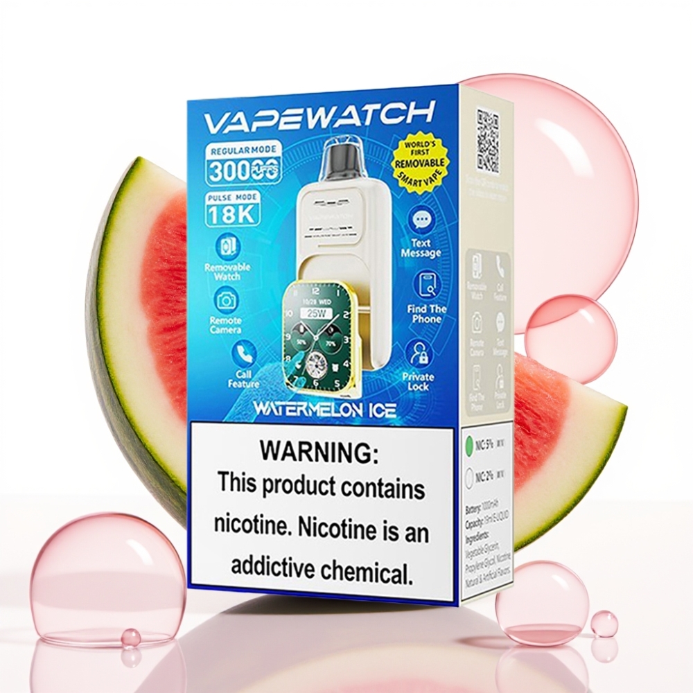 JNR VapeWatch 30000 Puffs Recarregável 1000mAh 19mL 5% Gelado Melancia Tipo-C Dual Mesh