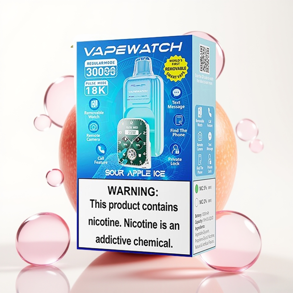 JNR VapeWatch 30000 Puffs Vaporizador Descartável Maçã Verde Gelada - 19mL, 5% Nicotina, Bateria 1000mAh, Carregamento Type-C