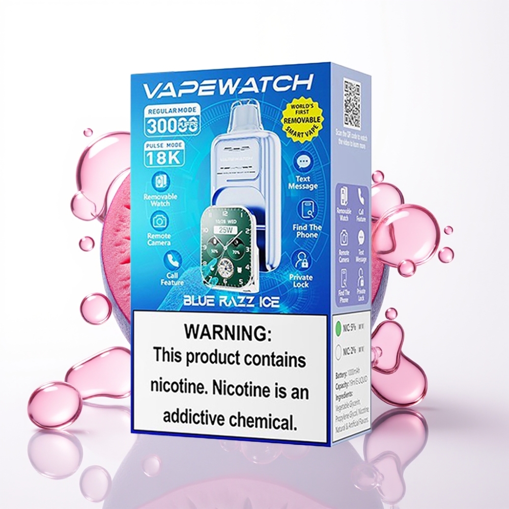 JNR VapeWatch 30000 Tragos Vape Descartável Blue Razz Ice, 1000mAh, 19mL, 5% Nicotina, Dual Mesh Coil, Tipo-C