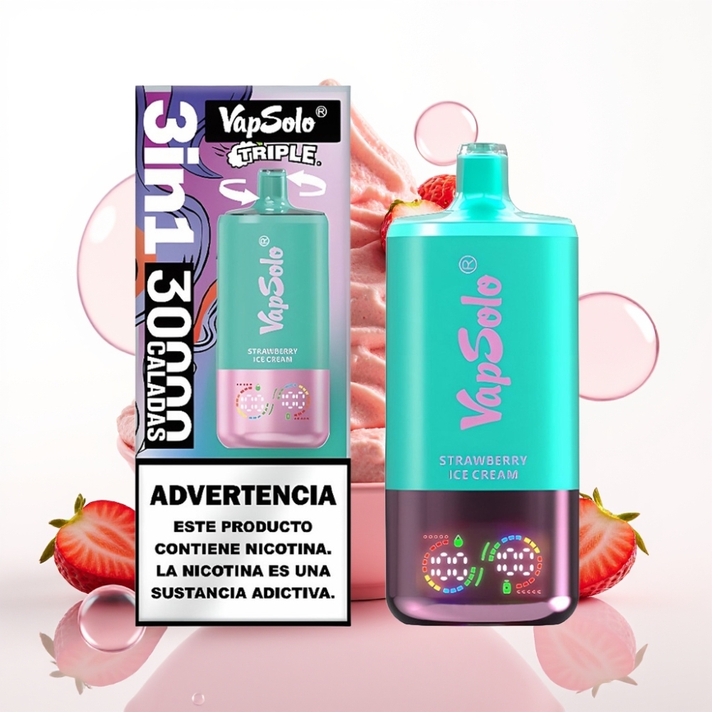 VapSolo Triple 30000 Puffs 40ml 3 Tanques Tipo-C Morango Sorvete
