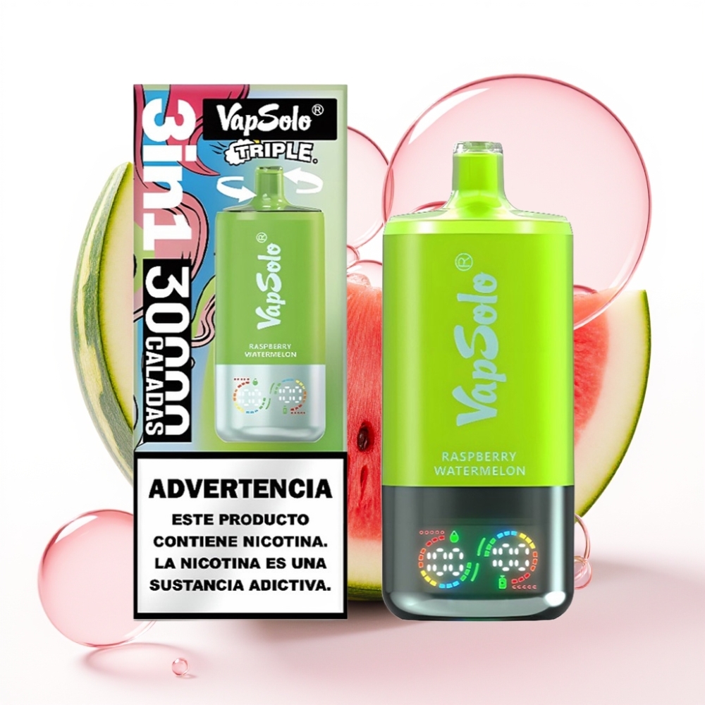 VapSolo Triple 30000 Puffs Disposable Vape Framboesa Melancia - 40ml, 3 Tanques, Type-C, 20/50 mg/ml