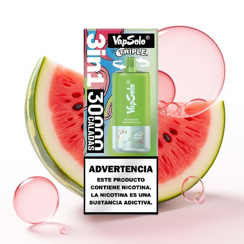 VapSolo Triple 30000 Puffs Disposable Vape Framboesa Melancia - 40ml, 3 Tanques, Type-C, 20/50 mg/ml