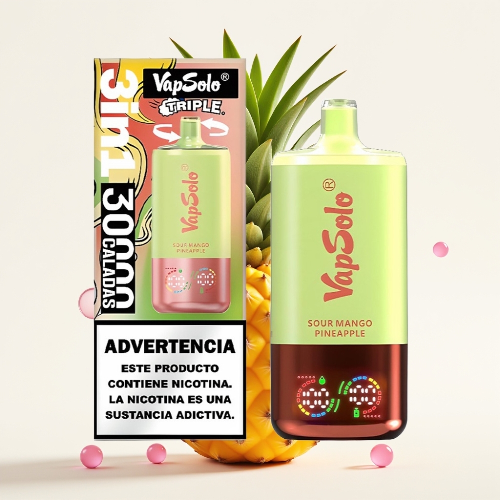 VapSolo Triple 30000 Puffs Disposable Vape Manga Azedo e Abacaxi, 40ml, 20/50mg/ml, 3 tanques, Type-C