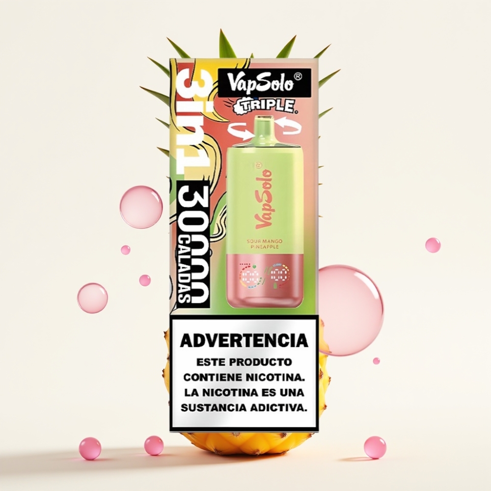 VapSolo Triple 30000 Puffs Disposable Vape Manga Azedo e Abacaxi, 40ml, 20/50mg/ml, 3 tanques, Type-C