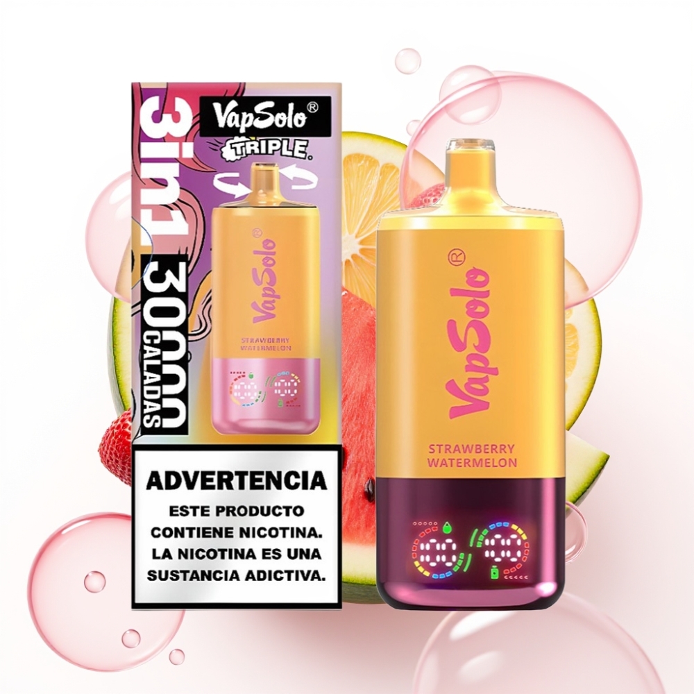 VapSolo Triple 30000 Puffs Disposable Vape Morango Melancia & Pêssego Limão